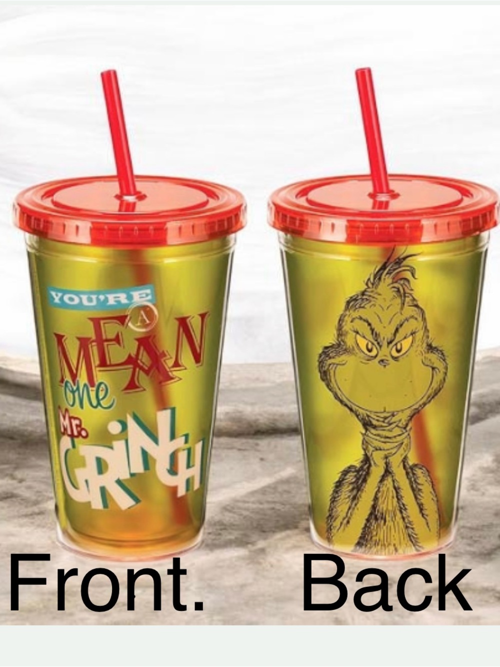 Mr. Grinch graphic Green Double Wall Tumbler with Red Lid and Straw NWOT & tin
